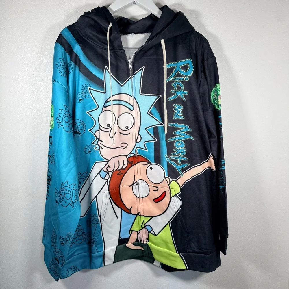 Rick and Morty Full Print Zip Hoodie Adult XL Cartoon Network Graphic Sweatshirt